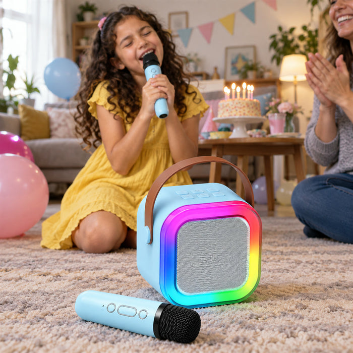 Kinder-Karaokemaschine mit 2 kabellosen Mikrofonen für Kinder von 3 bis 12 Jahren – Bluetooth, LED-Licht, Stimmeffekte, 3 Farben