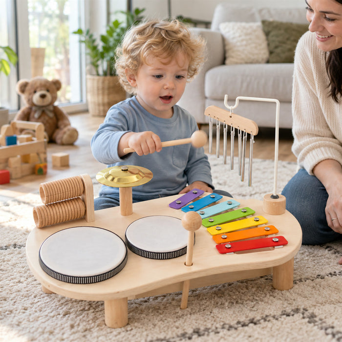 Montessori-Musiktisch aus Holz mit 2 Trommeln, Xylophon und Becken für Kleinkinder ab 12 Monaten – Windspiel, Rassel, ca. 32 × 22 cm