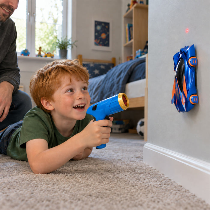Ferngesteuertes Wandauto mit Lasersteuerung für Kinder ab 3 Jahren an Wand, Decke und Boden – LED-Licht, Akku, 3 Farben