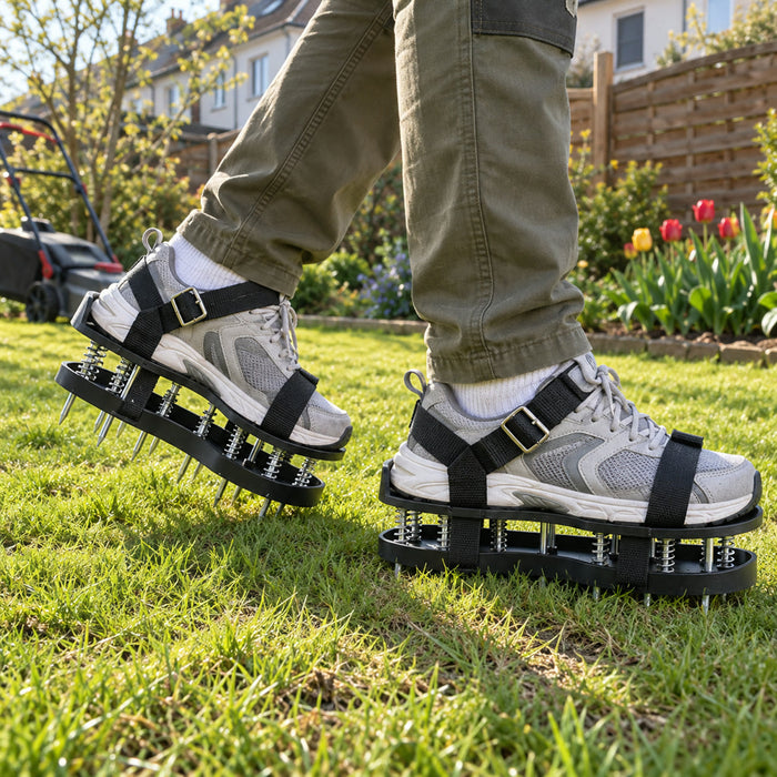 Rasenbelüfter-Schuhe mit Spikes zum Unterschnallen für Rasen und Garten – verstellbare Riemen, Einheitsgröße