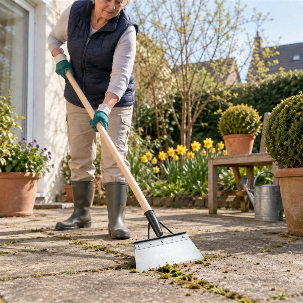 Ergonomischer Gartenschaber gegen Unkraut, Laub und Erde für Garten, Wege und Beete – leicht, bequemer Griff, wetterfest