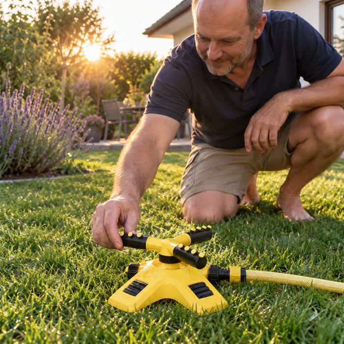 360° drehender Rasensprenger mit 4 einstellbaren Sprühwinkeln für Rasen und Garten – stabile Basis, in Reihe koppelbar