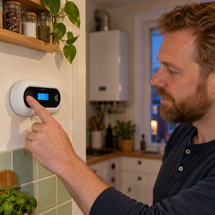 Kohlenmonoxid-Melder mit LCD-Anzeige für Wohnung, Haus und Büro – 85 dB Alarm, 10-Jahres-Batterie, 3 Status-LEDs, Wand- oder Standmontage