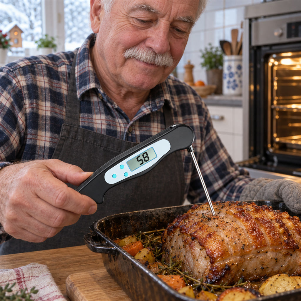 Klappbares digitales Küchenthermometer mit Edelstahlfühler für Fleisch, Grill und Backen – -50 bis 300 °C, beleuchtetes Display