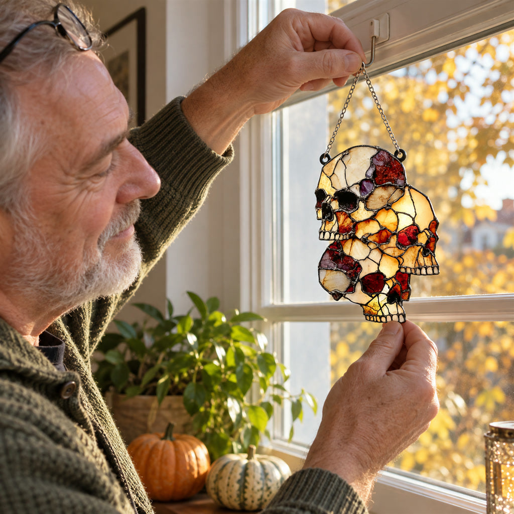 Hängende Totenkopf-Deko aus Acryl und Metall als Lichtfänger für Fenster und Veranda – Halloween, 15 cm, mit Kette, 3 oder 4 Schädel
