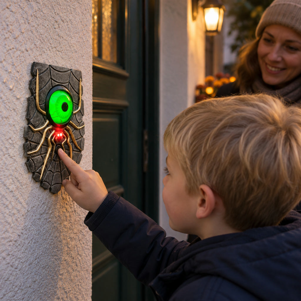 Spinnen-Türklingel mit leuchtendem Augapfel als Halloween-Deko für Haustür und Eingang – 17 × 12,5 cm, Licht und Sound, Klebemontage