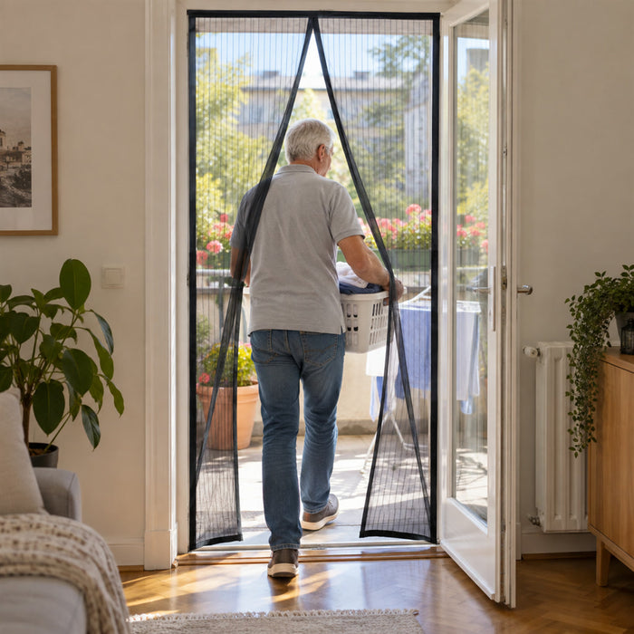 Magnetischer Fliegenvorhang als Insektenschutz für Balkontür und Terrassentür – 80 × 210 bis 120 × 210 cm, kürzbar, ohne Werkzeug, Schwarz
