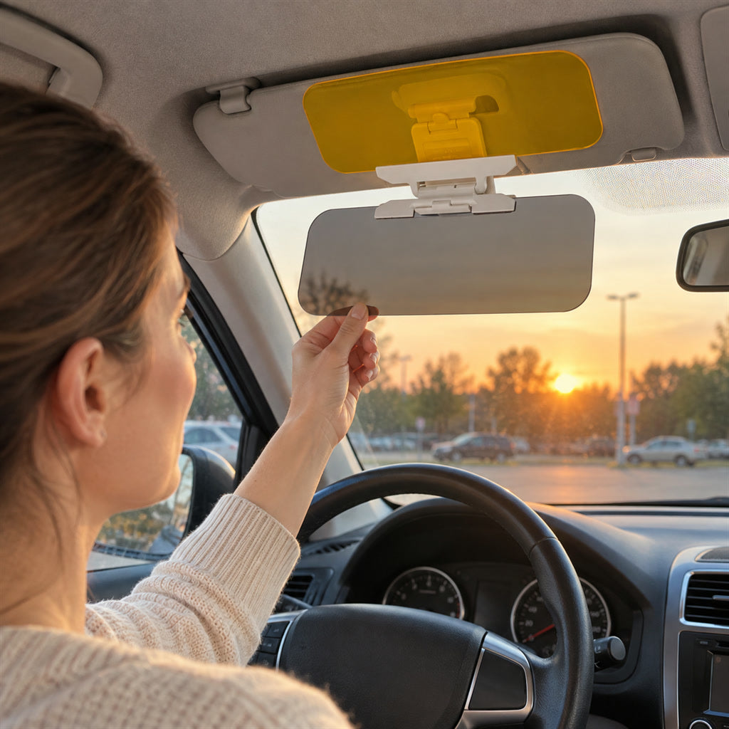 Sonnenblenden-Verlängerung für Auto mit zwei Blendschutzgläsern für Tag- und Nachtfahrt – 32 × 12 cm, grau und gelb, zum Aufklemmen