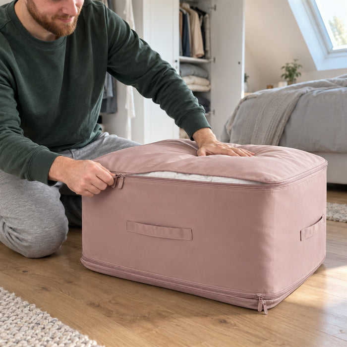 Kompressions-Aufbewahrungstasche für Kleidung, Bettdecken und Umzug – ca. 53 × 42 × 30 cm, zwei Reißverschlüsse, faltbar, Rosa oder Lila
