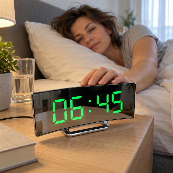 Digitaler LED-Wecker mit gebogenem Spiegeldisplay für Nachttisch und Schreibtisch – großes Display, 2 Weckzeiten, dimmbar, USB-Ladeport