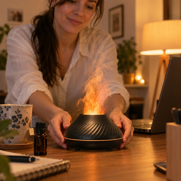 Ultraschall-Aromadiffusor mit Flammeneffekt und Luftbefeuchter für Schlafzimmer, Wohnzimmer und Büro – Akku, USB-C, 7 LED-Farben, ≤ 28 dB