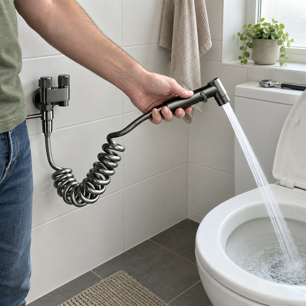 Bidet-Handbrause aus Messing für die Toilette zur Wandmontage im Badezimmer – mit Spiralschlauch und Doppelventil, Dunkelgrau, 14 cm