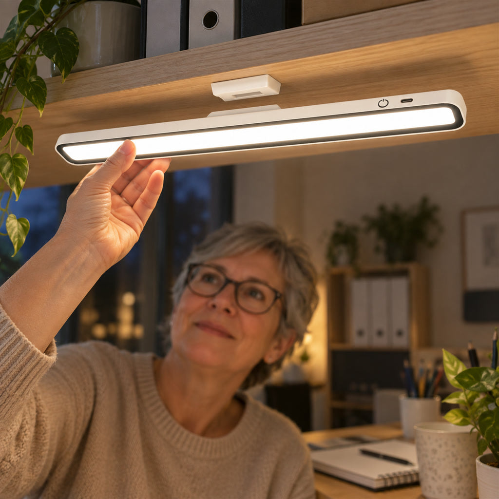 Magnetische LED-Lichtleiste aus ABS mit Akku für Schrank, Küche und Werkstatt – 32 cm, dimmbar, USB-C, 3 Lichtfarben, Magnet oder Klebeband