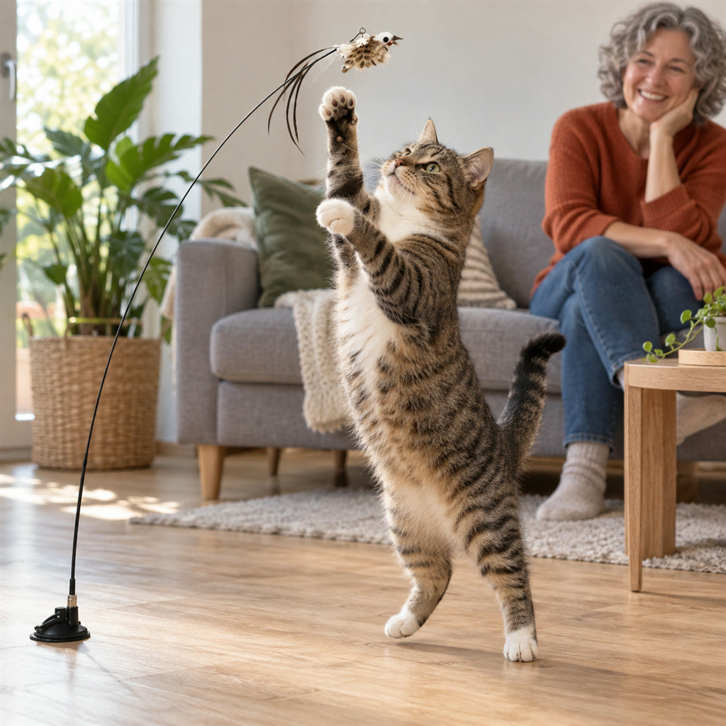 Interaktives Katzenspielzeug mit Vogel-Attrappen am Federdraht für Wohnung und Fenster – Saugnapf, 5 Vögel mit Glöckchen, 46 cm
