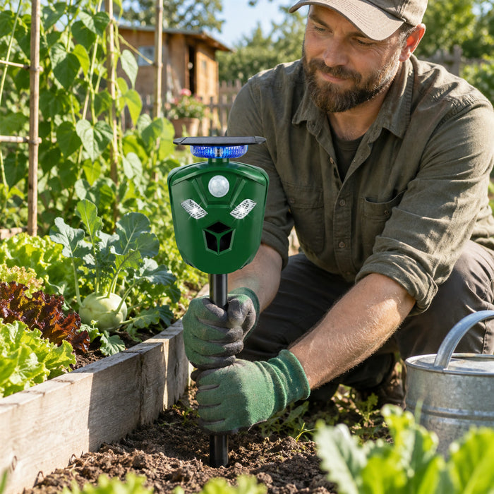 Solar-Tiervertreiber mit Ultraschall und 360°-Bewegungsmelder für Garten, Hof und Beet – LED-Blitz, bis 10 m Reichweite, IP44, USB-Ladung