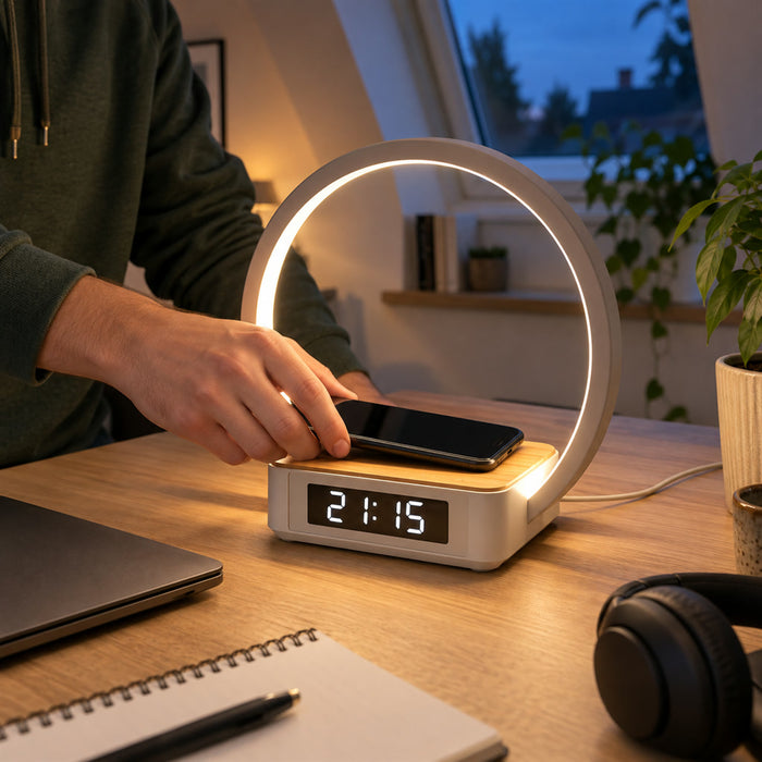 3-in-1-Tischlampe mit Ringleuchte, kabellosem Qi-Ladegerät und Wecker für Nachttisch und Schreibtisch – LED, 3 Helligkeitsstufen, Touch