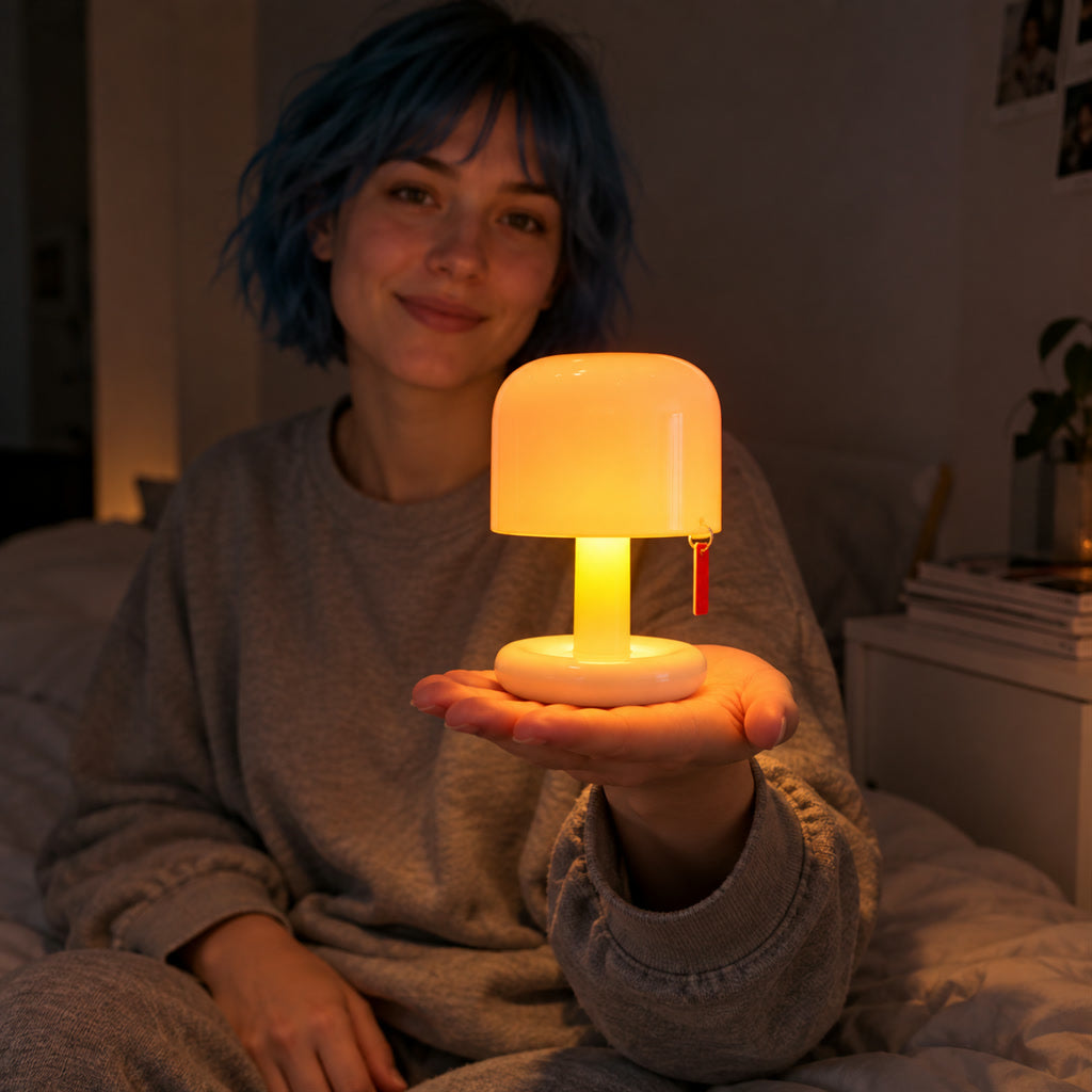Mini-Sonnenuntergangslampe in Pilzform als Stimmungslicht für Nachttisch, Schreibtisch und Regal – warmes LED-Licht, USB oder Batterie, Kunststoff