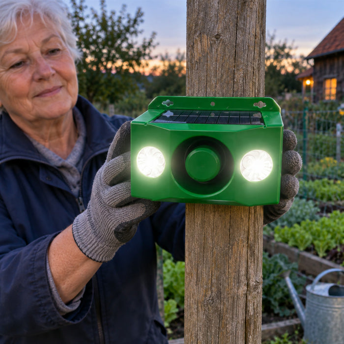 Solar-Warnleuchte zur Tierabwehr mit lautem Alarm für Garten, Hof und Stall – 2 Strahler, ca. 11 × 18,5 × 9,7 cm, wetterfest, Grün