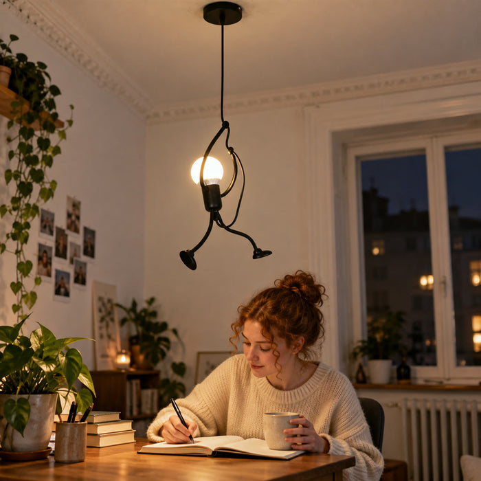 Pendelleuchte aus schwarzem Metall mit Kletterfigur für Kinderzimmer, Schlafzimmer und Wohnzimmer – Einzelleuchte, LED-Leuchtmittel, warmes Licht