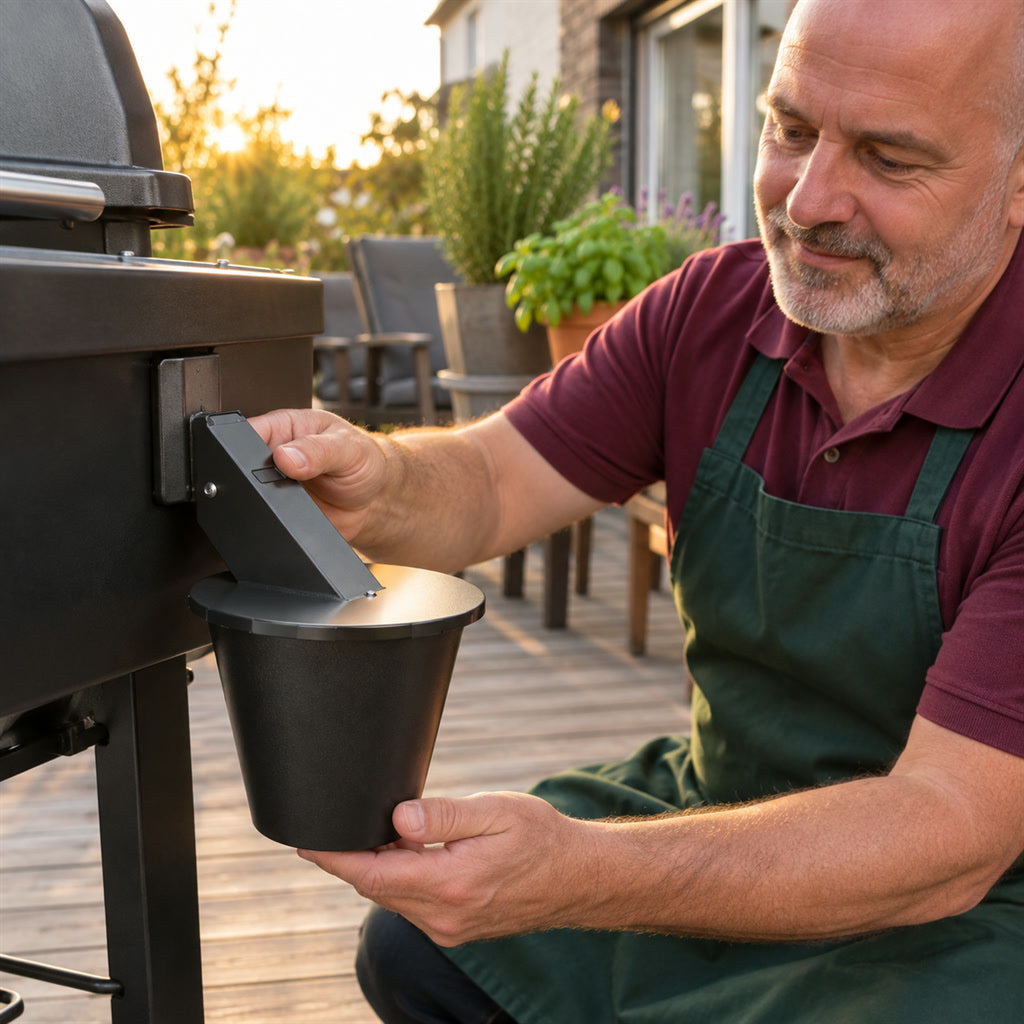 Fettauffangbehälter für Grill mit Deckel und wiederverwendbarem Einsatz für Terrasse und Garten – für eckigen 4-cm-Fettablauf, ohne Werkzeug
