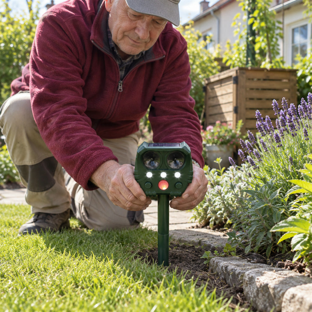 Solar-Schlangenvertreiber mit Ultraschall, Blinklicht und Bewegungsmelder für Garten, Rasen und Wege – 110°, bis ca. 9 m, USB-Ladung, mit Erdspieß