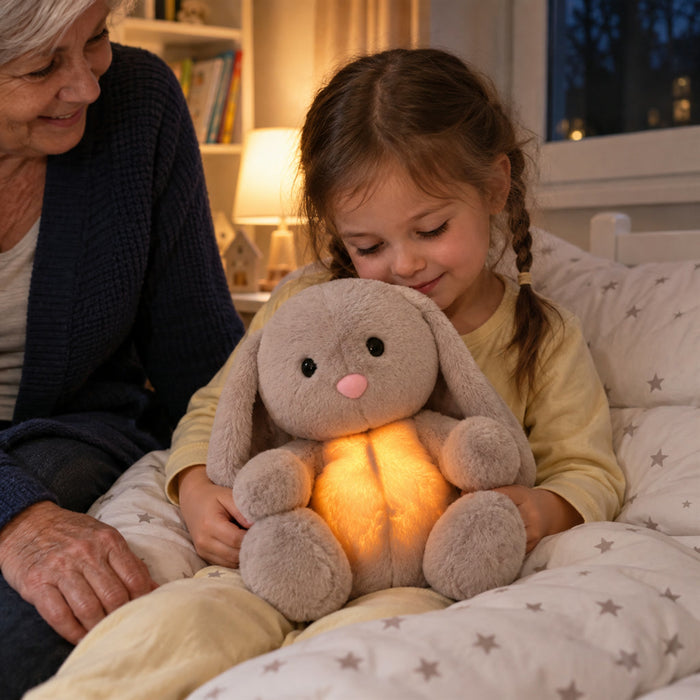 Atmender Plüschhase mit Licht und Musik als Kuscheltier für Kinder und Erwachsene – Atembewegung, Sensor, PP-Baumwollfüllung