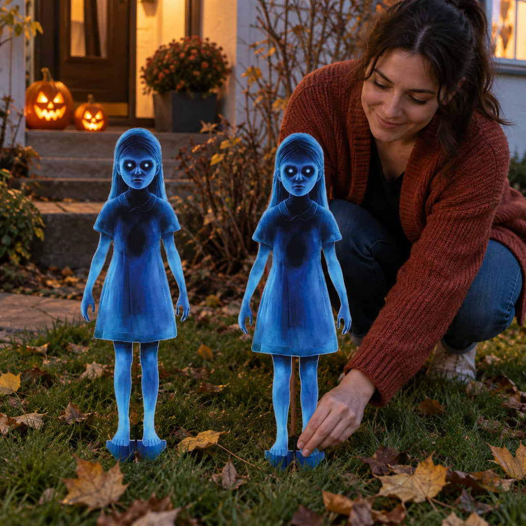 Geister-Mädchen-Gartenstecker als Halloween-Deko für Hof, Garten und Terrasse – 2er-Set, wetterfest, Schattenwirkung, ohne Werkzeug