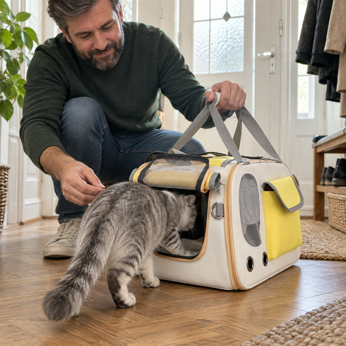 Transporttasche für Katzen und kleine Hunde aus Oxford-Gewebe mit Stahldrahtrahmen für Tierarzt und Reise – Einstieg oben und seitlich, faltbar