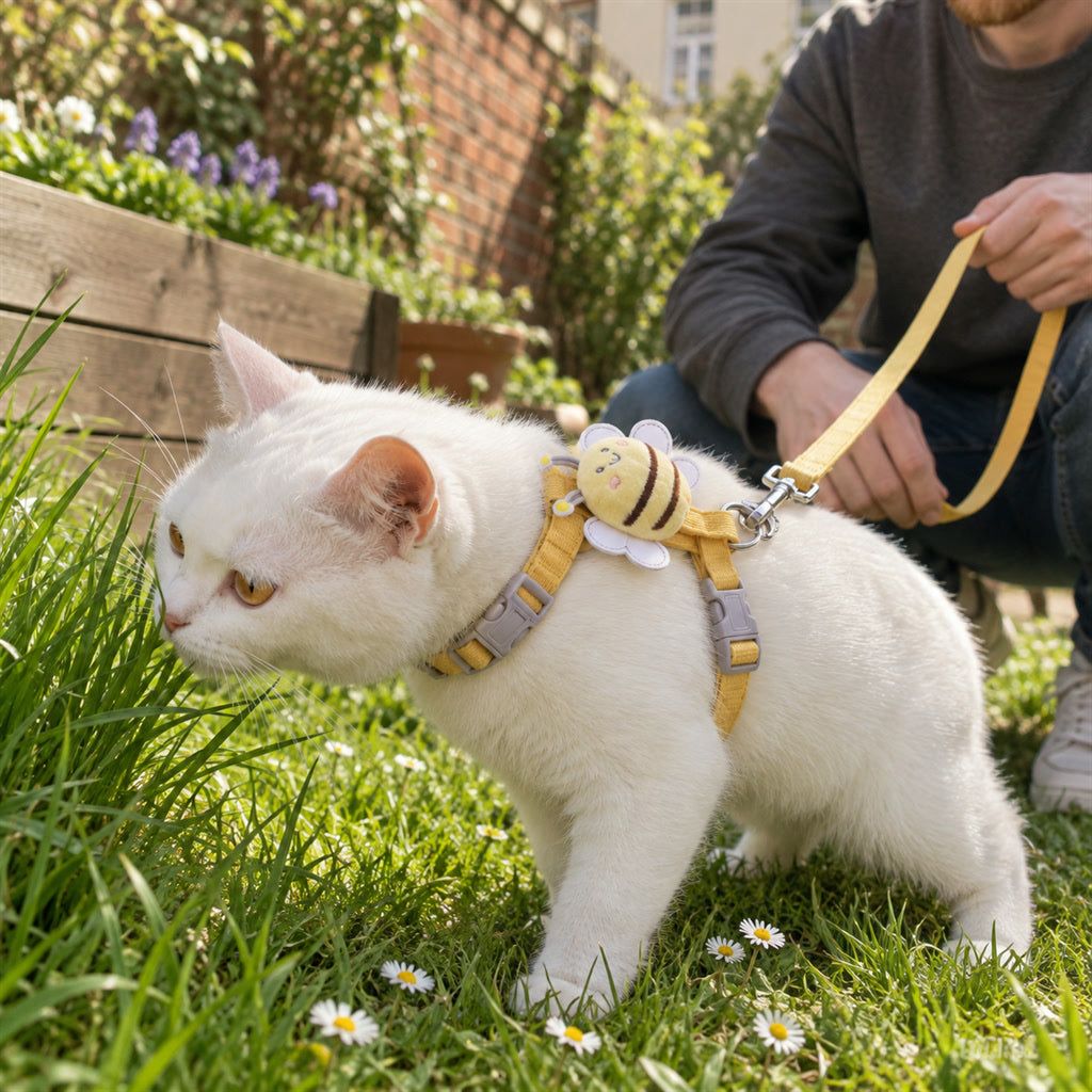 Katzengeschirr mit Bienen-Motiv und Leine aus leichtem Polyester für Spaziergänge im Freien – 120 cm Leine, atmungsaktiv, S oder M, 2 Farben