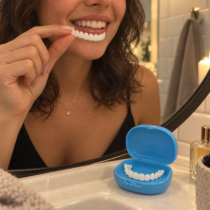 Aufsteckbare Kosmetik-Veneers mit natürlich weißem Finish für Fotos, Feiern und Alltag – leicht, ohne Kleber, mit Schutzetui