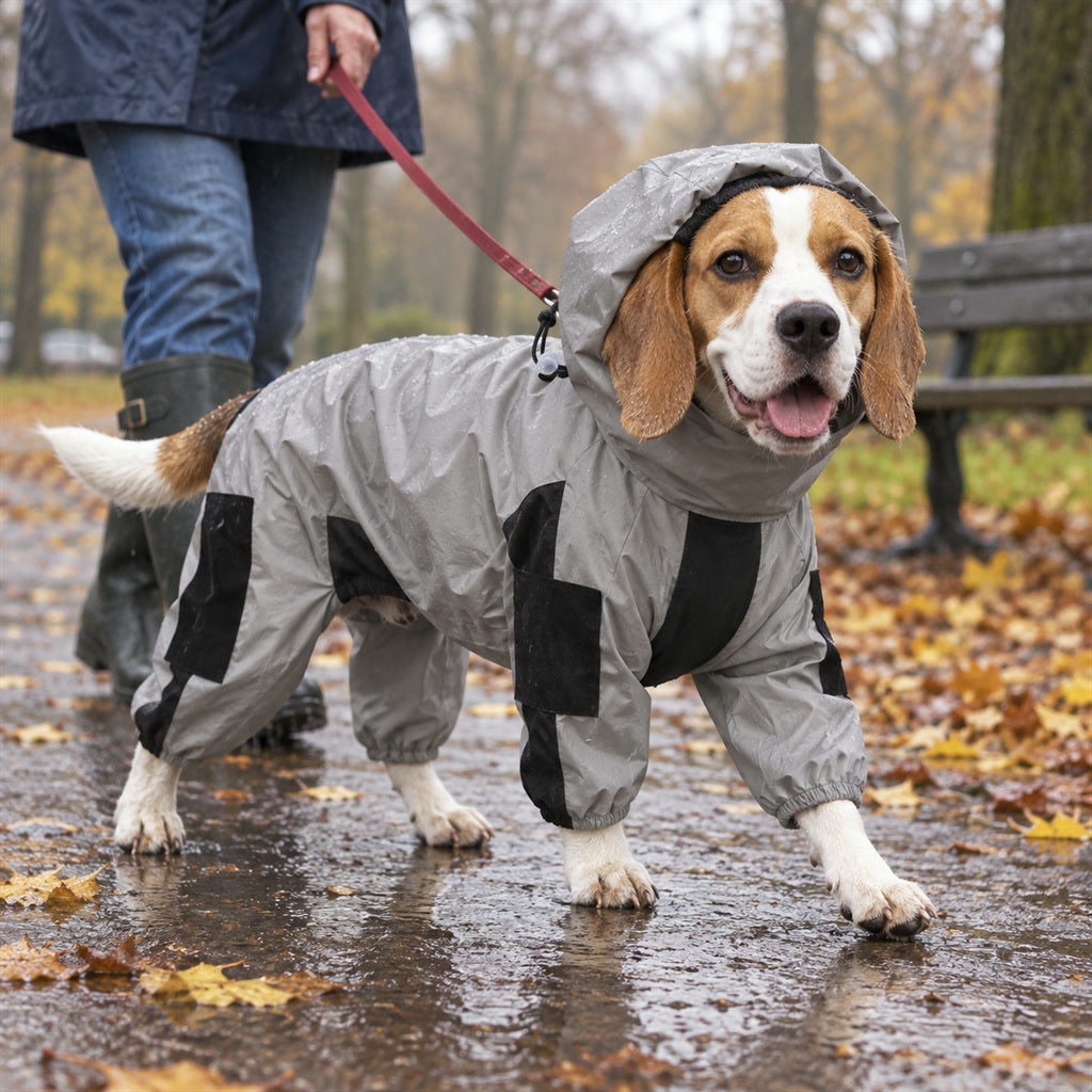 Wasserdichter Hunderegenmantel aus Polyester mit Kapuze für Spaziergänge bei Regen – Ganzkörperschnitt, reflektierend, Klettverschluss, M bis 5XL