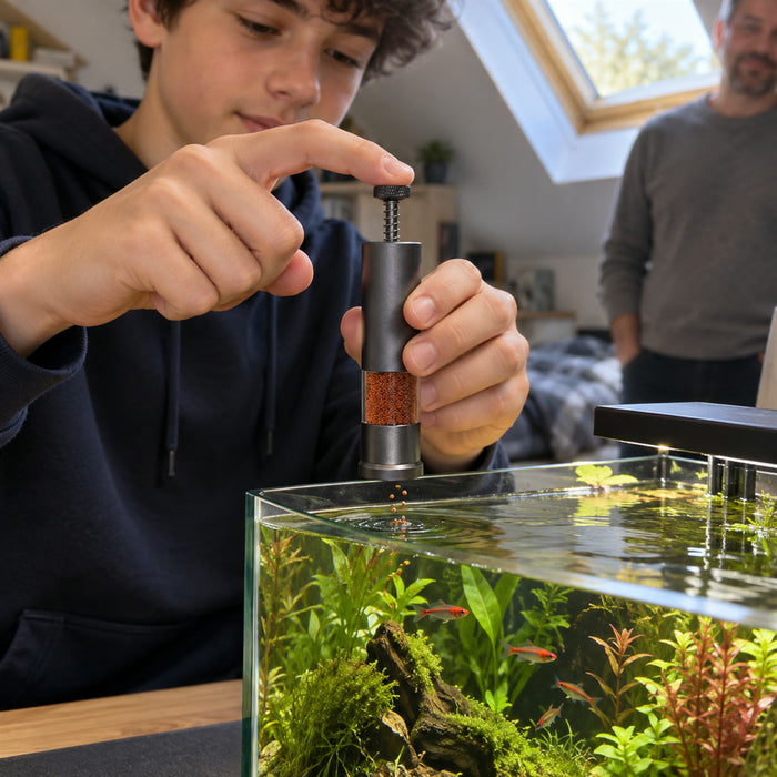Mini-Futterspender aus Aluminium mit Drückmechanismus für kleine Aquarien und Nano-Becken – ca. 2,8 × 12 cm, Sichtfenster, 3 Portionsstufen