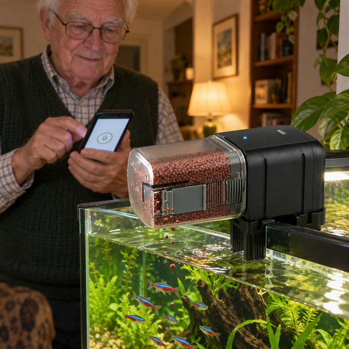 Automatischer WLAN-Futterautomat für Aquarien mit App- und Sprachsteuerung – ca. 160 g Vorrat, Klemme oder Klebepad, Micro-USB, Schwarz oder Weiß