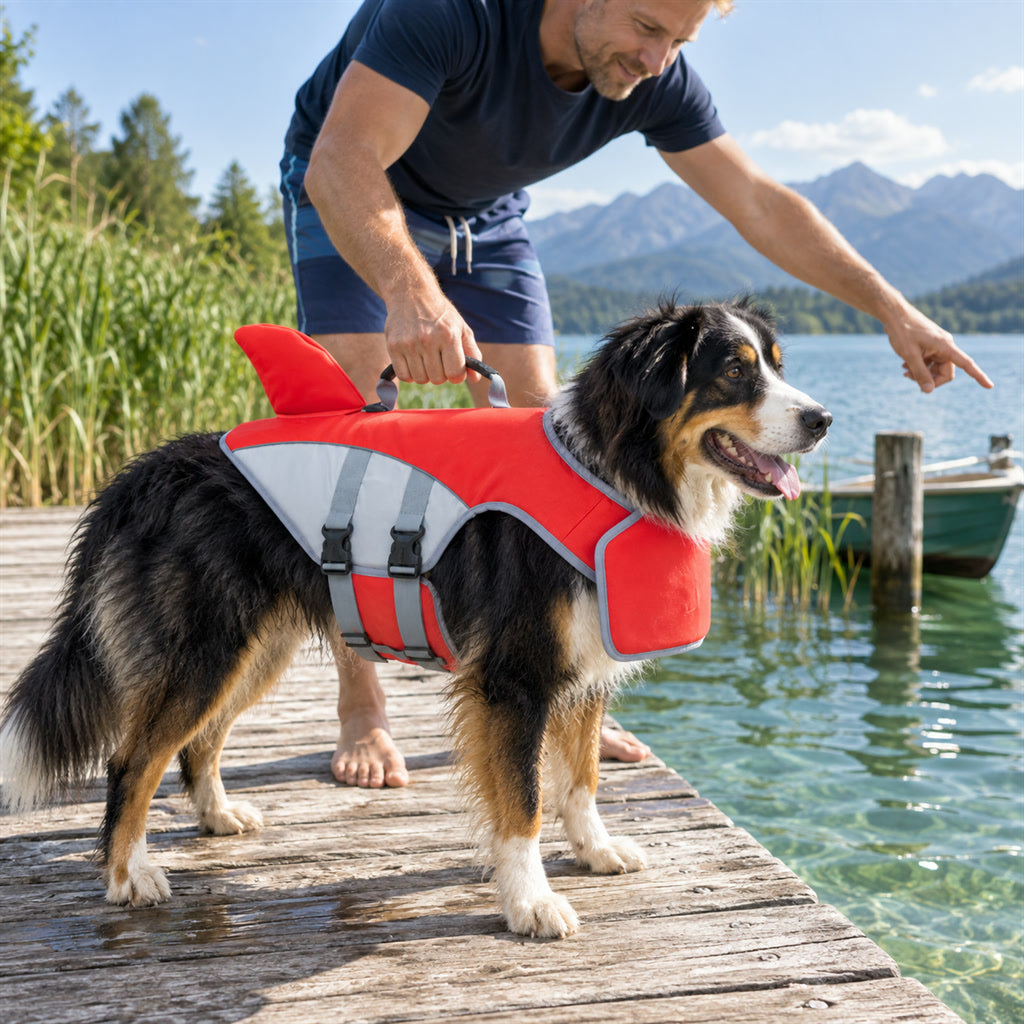 Schwimmweste für Hunde im Haifisch-Design mit Rückengriff für Boot, See und Schwimmtraining – abnehmbarer Frontauftrieb, S bis XL, Rot oder Orange