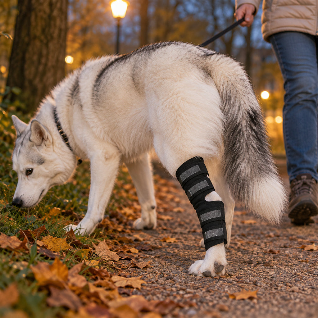 Stützende Beinbandage für Hunde aus Neopren und Nylon für das Sprunggelenk – Größe S bis XL, Klettverschluss, 4 Reflexstreifen