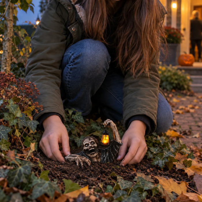 Zombie-Figur aus Kunstharz mit LED-Laterne als Halloween-Deko für Garten, Weg und Veranda – ca. 14,5 × 10 × 19 cm, aus dem Boden steigend