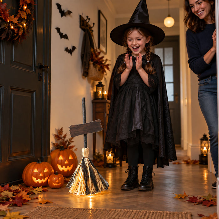 Bewegter Hexenbesen mit Licht und Sound als Halloween-Deko für Eingang, Flur und Party – ca. 70 × 27 cm, reagiert auf Geräusche, LED-Licht