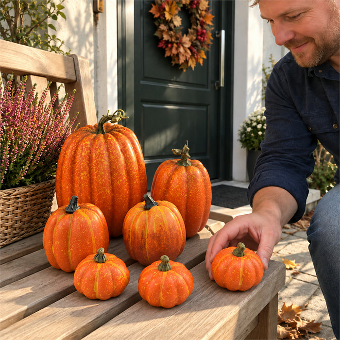 Künstliche Kürbisse aus Schaumstoff im 7er-Set als Herbst- und Halloween-Deko für Tisch und Veranda – 4,5 bis 18 cm hoch, mit Stielen, bemalbar