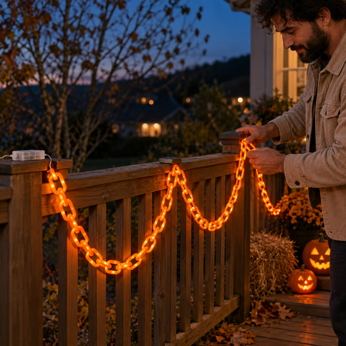 Leuchtende Halloween-Kette als LED-Lichterkette für Fenster, Tür und Garten – 400 cm, Orange, 8 Modi, Timer, batteriebetrieben
