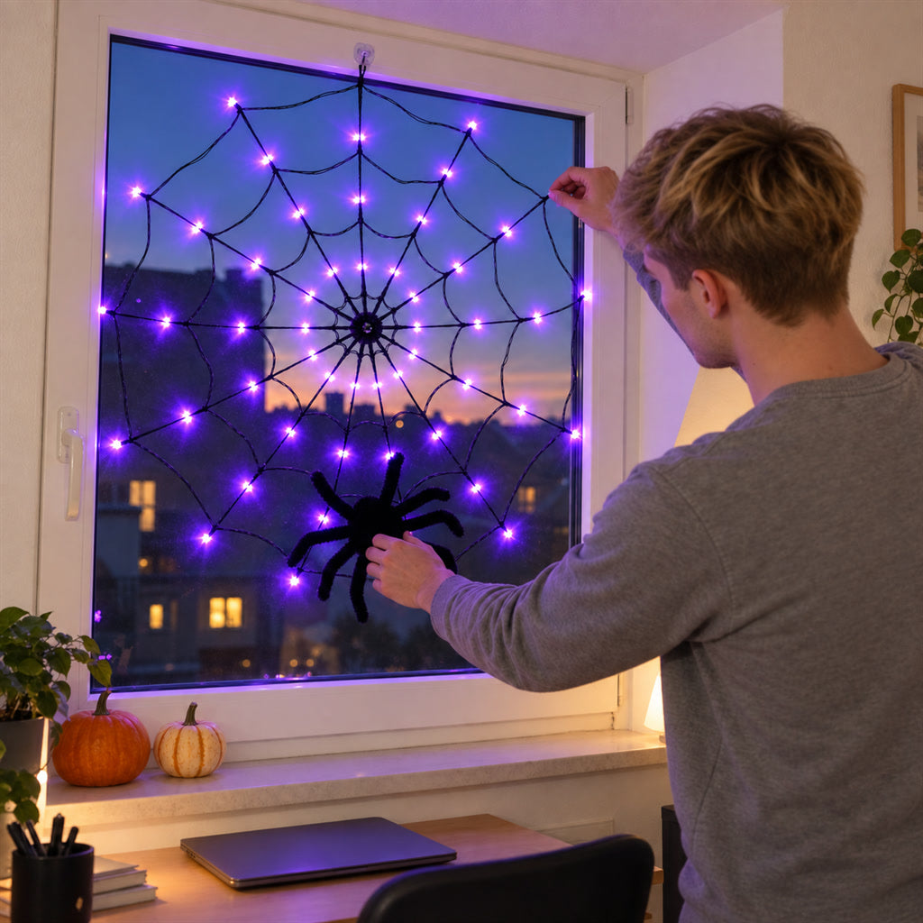 Leuchtendes Spinnennetz mit Spinne als Halloween-Deko für Fenster, Wand und Garten – 70 LEDs, 8 Modi, batteriebetrieben, Lila oder Orange