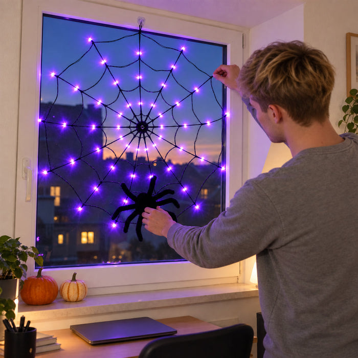 Leuchtendes Spinnennetz mit Spinne als Halloween-Deko für Fenster, Wand und Garten – 70 LEDs, 8 Modi, batteriebetrieben, Lila oder Orange