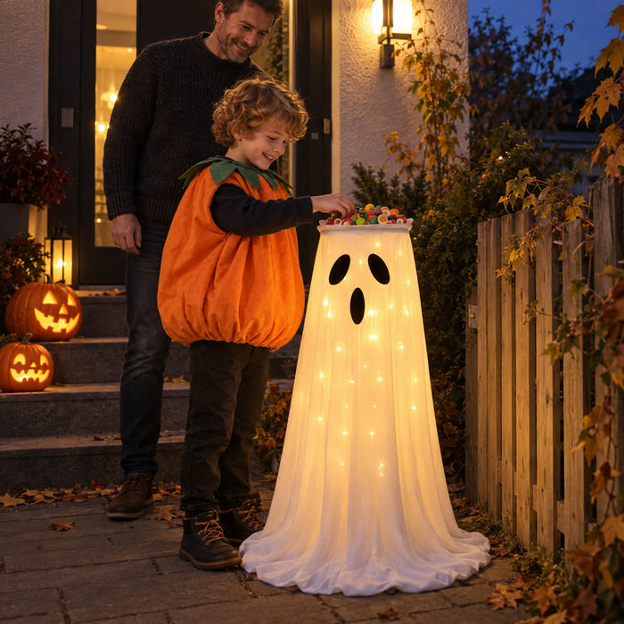 Beleuchteter Süßigkeitenständer in Geisterform als Halloween-Deko für Haustür und Party – ca. 100 cm hoch, Schale, leuchtend