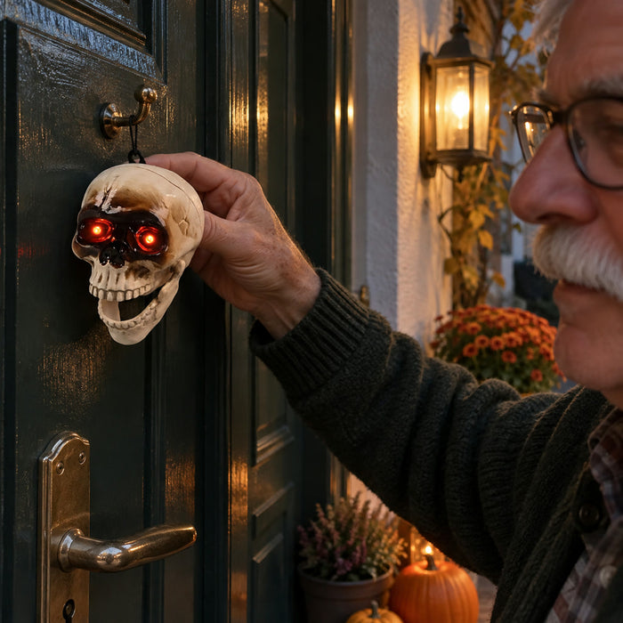 Bewegter Totenkopf mit blinkenden Augen als Halloween-Deko für Tür, Wand und Fenster – 9 × 13,5 cm, beweglicher Kiefer, Kunststoff