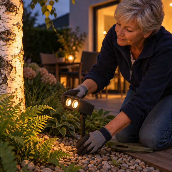 Solar-LED-Strahler mit Zoomlinse für Garten, Rasen und Terrasse – IP65, RGB und Warmweiß 3000 K, bis 12 h Leuchtdauer, Schwarz