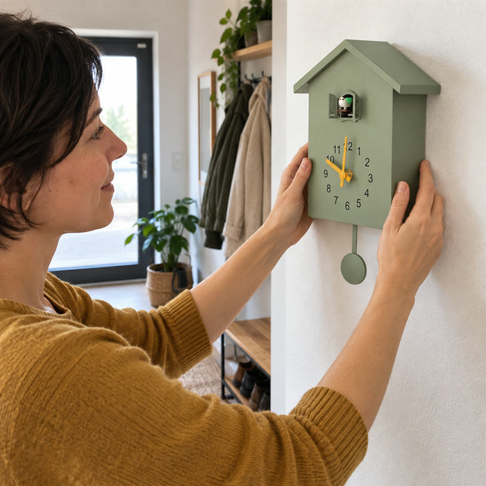 Kuckucksuhr in Pastellfarbe als Wanduhr für Wohnzimmer, Schlafzimmer und Flur – 25 × 20 × 11 cm, Kuckucksruf, batteriebetrieben, 3 Farben