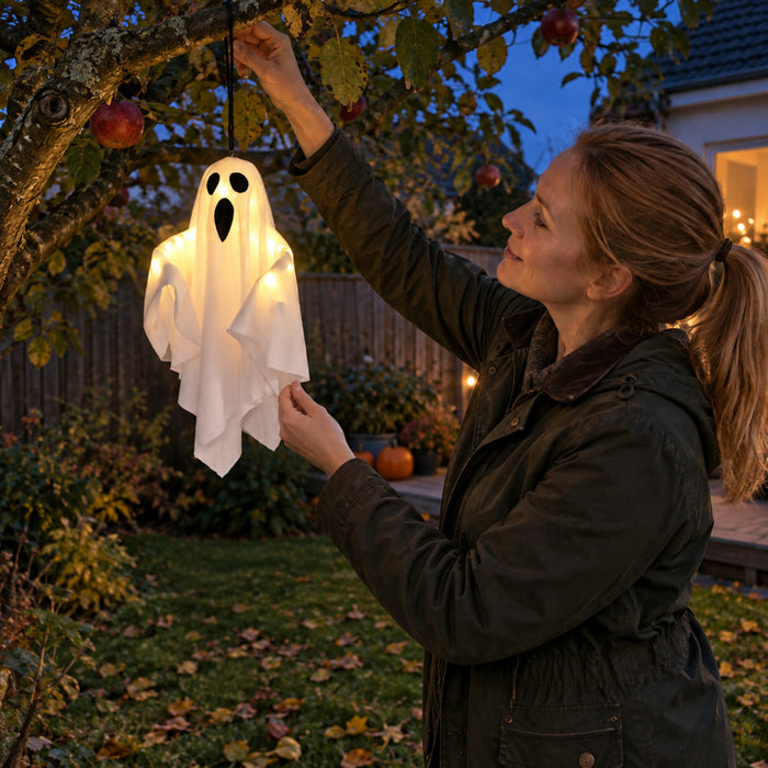 Leuchtender Hängegeist aus PVC als Halloween-Deko für Veranda, Garten und Wohnzimmer – 50 × 40 cm, 3 LED-Modi, batteriebetrieben