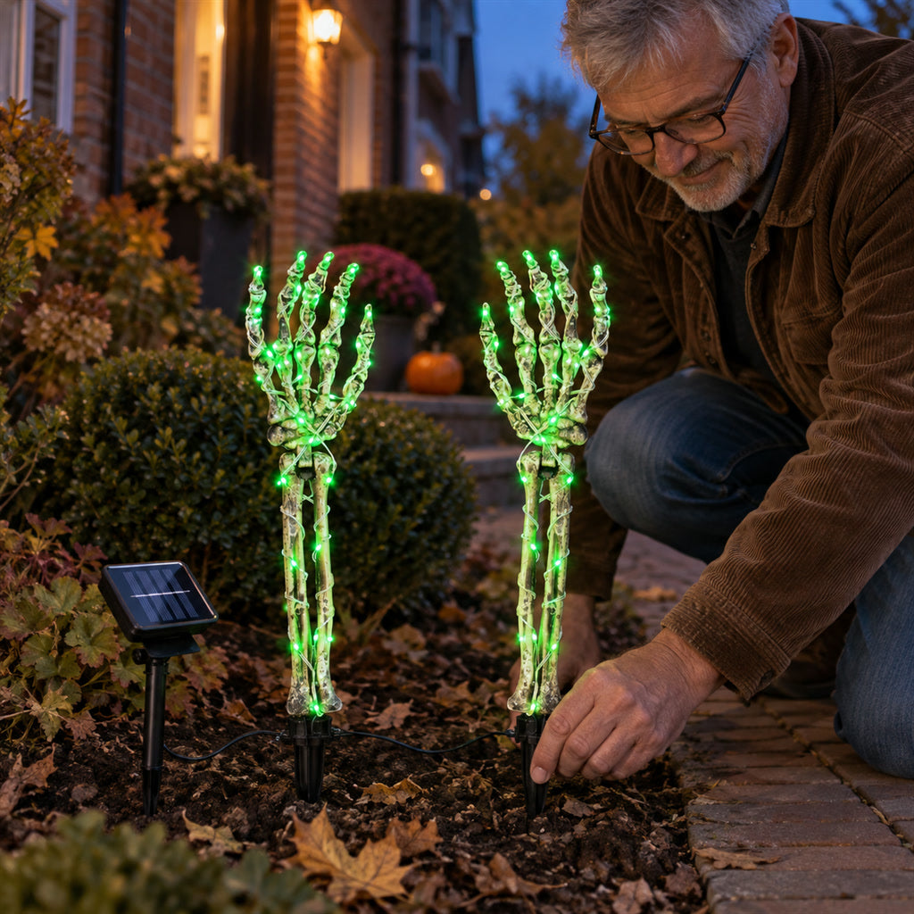 Skeletthand-Solarleuchten im 2er-Set als Halloween-Deko für Garten, Rasen und Beet – je 46 cm, Erdspieß, wasserdicht, automatisch nachts, 4 Farben