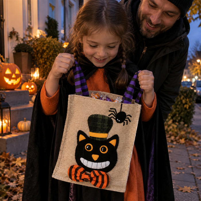 Halloween-Süßigkeitentasche aus Baumwolle und Leinen für Kinder für Süßes-oder-Saures und Party – 26 × 15 cm, handgemacht, 4 Motive