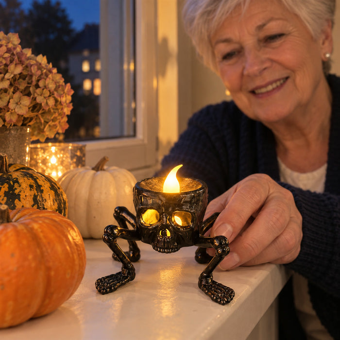 Flammenloses LED-Teelicht als Skeletthand oder Totenkopf für Halloween-Tisch und Fensterbank – 8,5 × 8 cm, PVC, Schwarz, batteriebetrieben