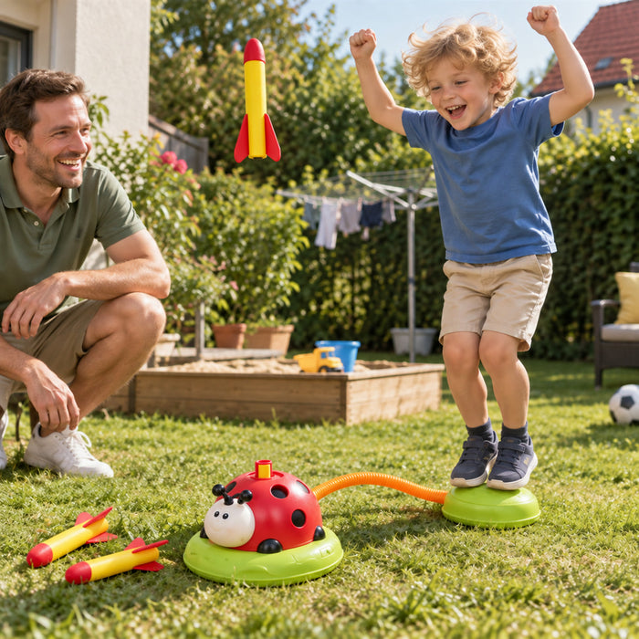3-in-1-Bewegungsspielzeug im Marienkäfer-Design für Kinder mit Drehstange, Ringwurf und Raketenwerfer – ab 2 Jahren, drinnen und draußen